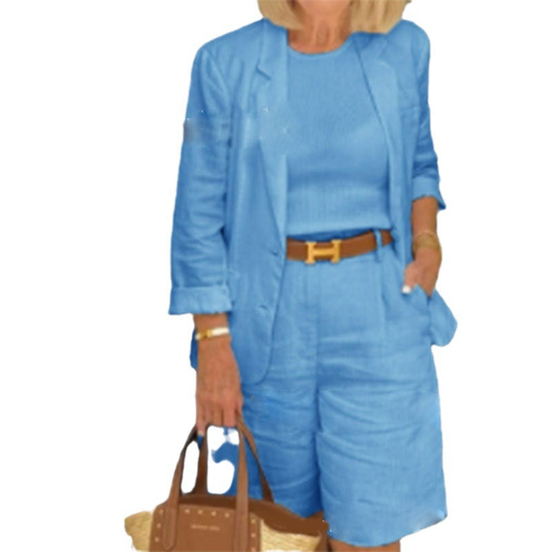 Women's Clothing Cotton and Linen Cardigan Tops Shorts Small Suit Two-Piece Set