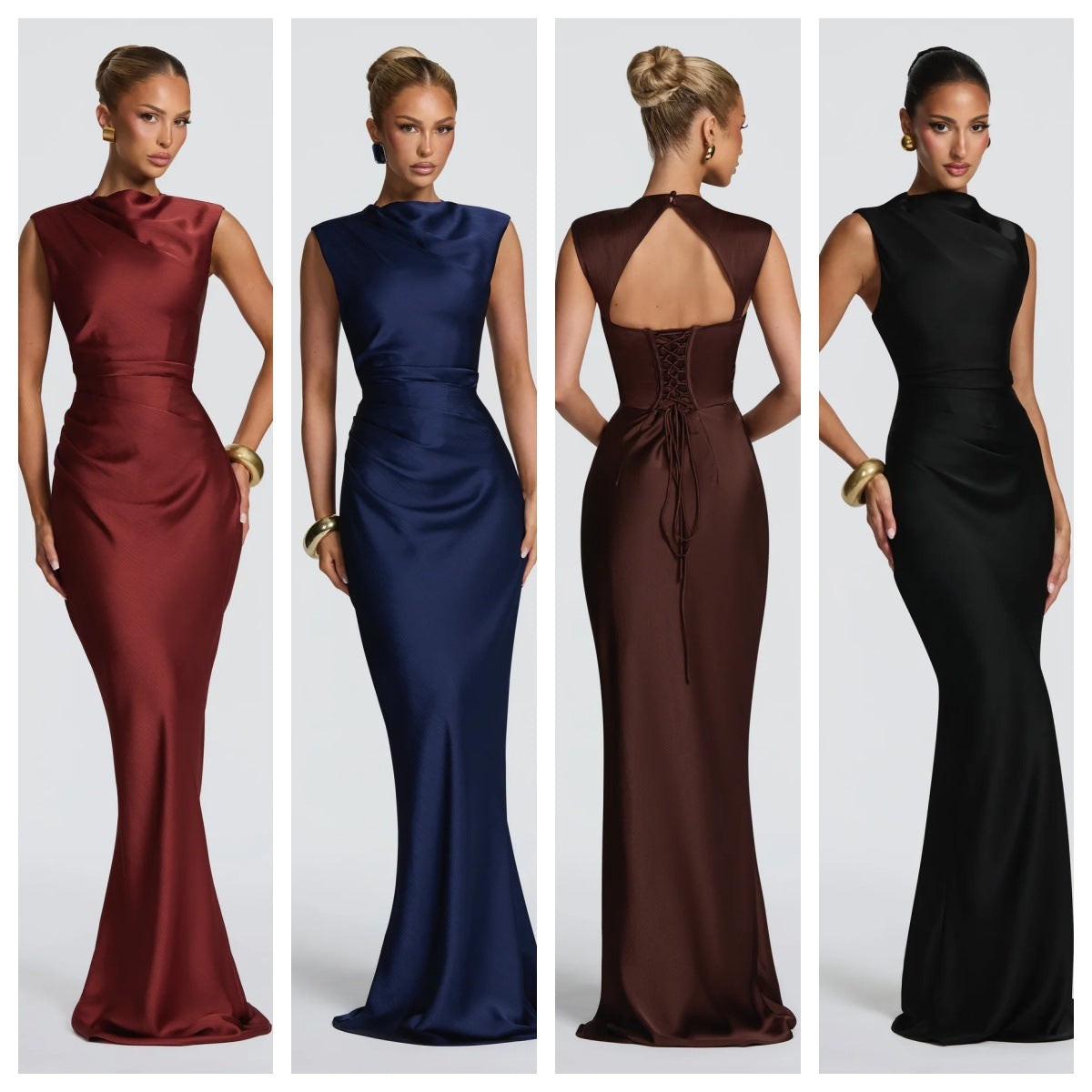 Women's Asymmetrical Fishtail Dress Half-High Collar Sleeveless Long Gown