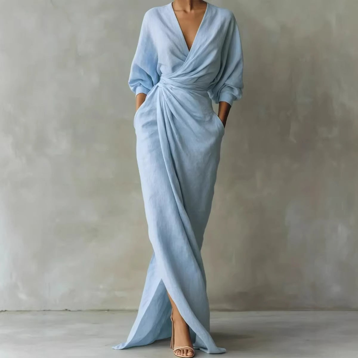Solid-color V-neck long-sleeve slit waist-cinching dress with pockets