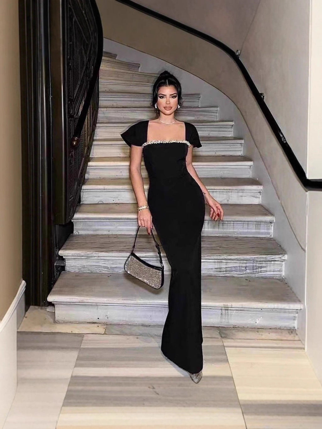 Elegant Diamond Encrusted Bodycon Evening Dress