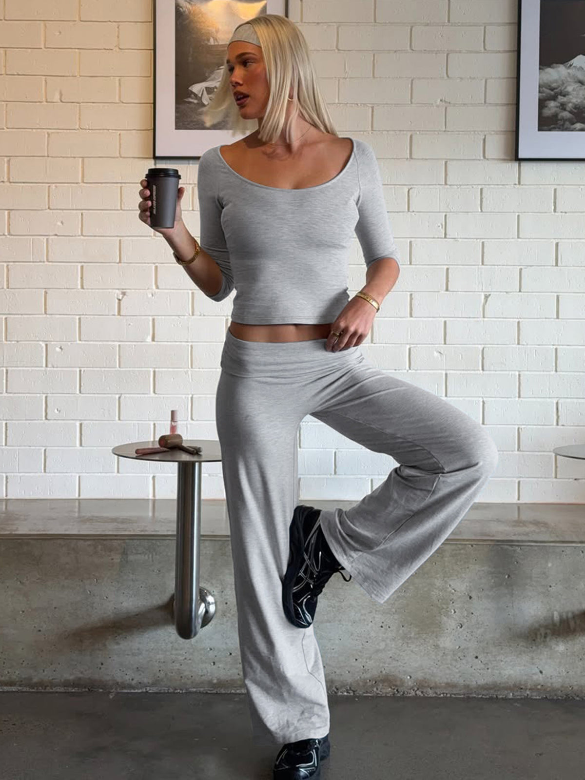 Women Two Piece Set Drapey Flared Pantsuit Long Sleeve Solid Casual Lounge Wear