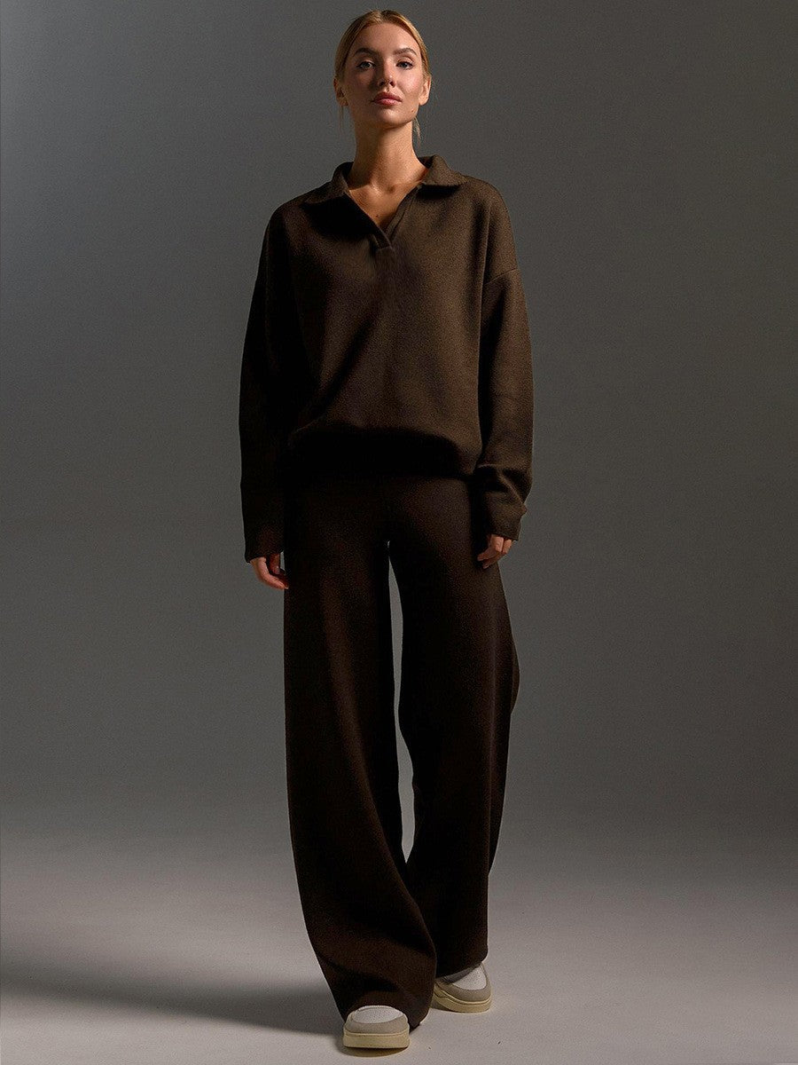 Women's Two-Piece Knit Set Polo Collar Pullover and Wide-Leg Pants