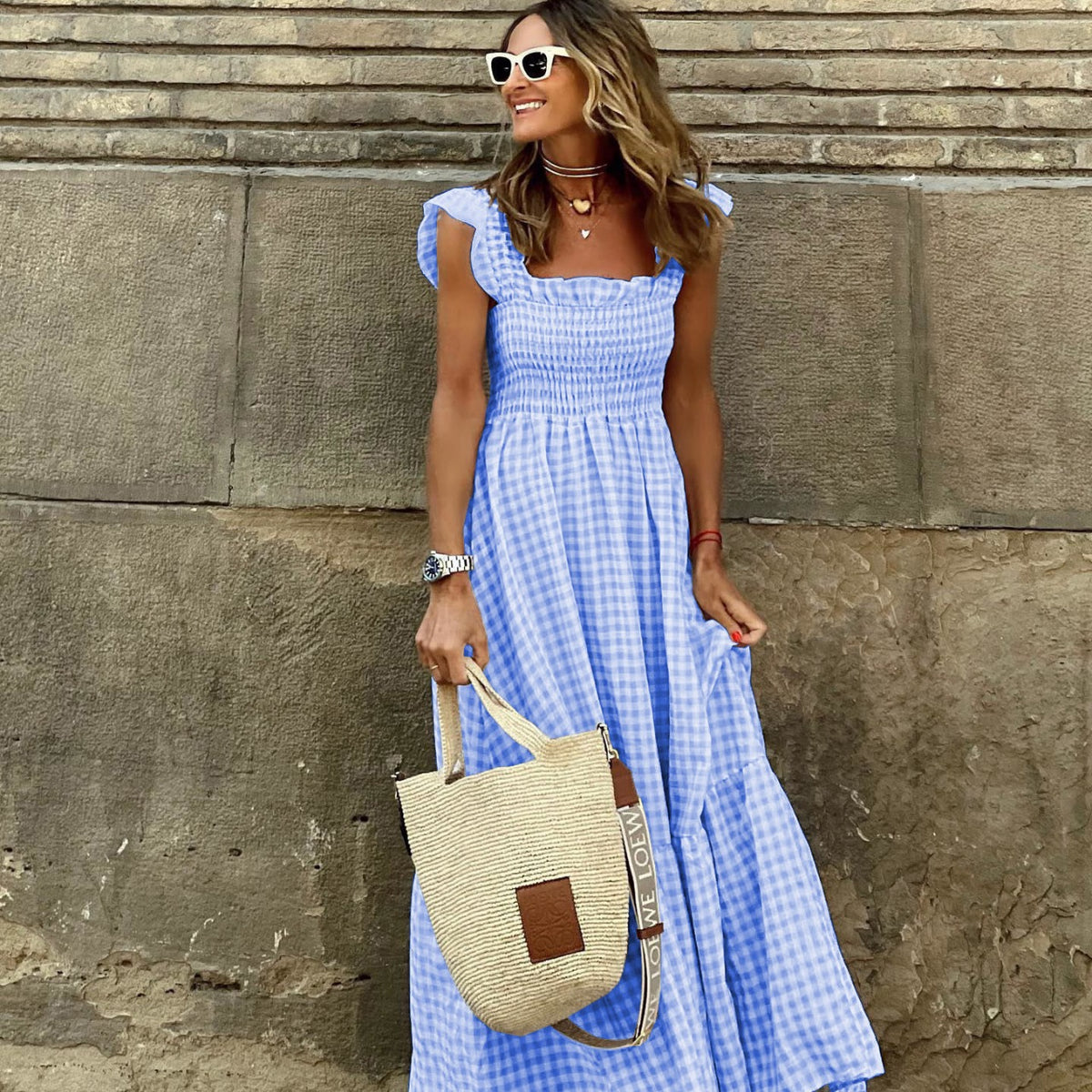Summer Stylish Women's Patchwork Plaid Strap Elastic Flared Dress