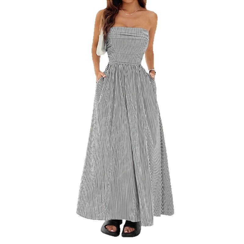 Tube Top Flap Pocket A-Line Dress