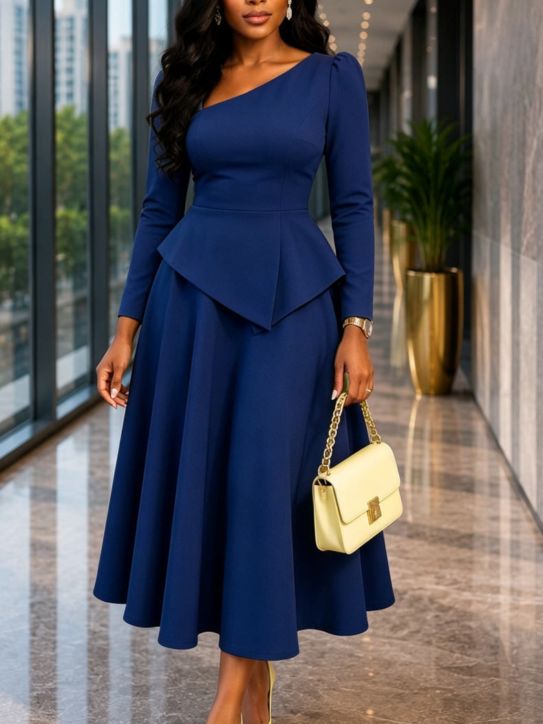 Women's Slanted Neckline Ruffled Waist Midi Dress