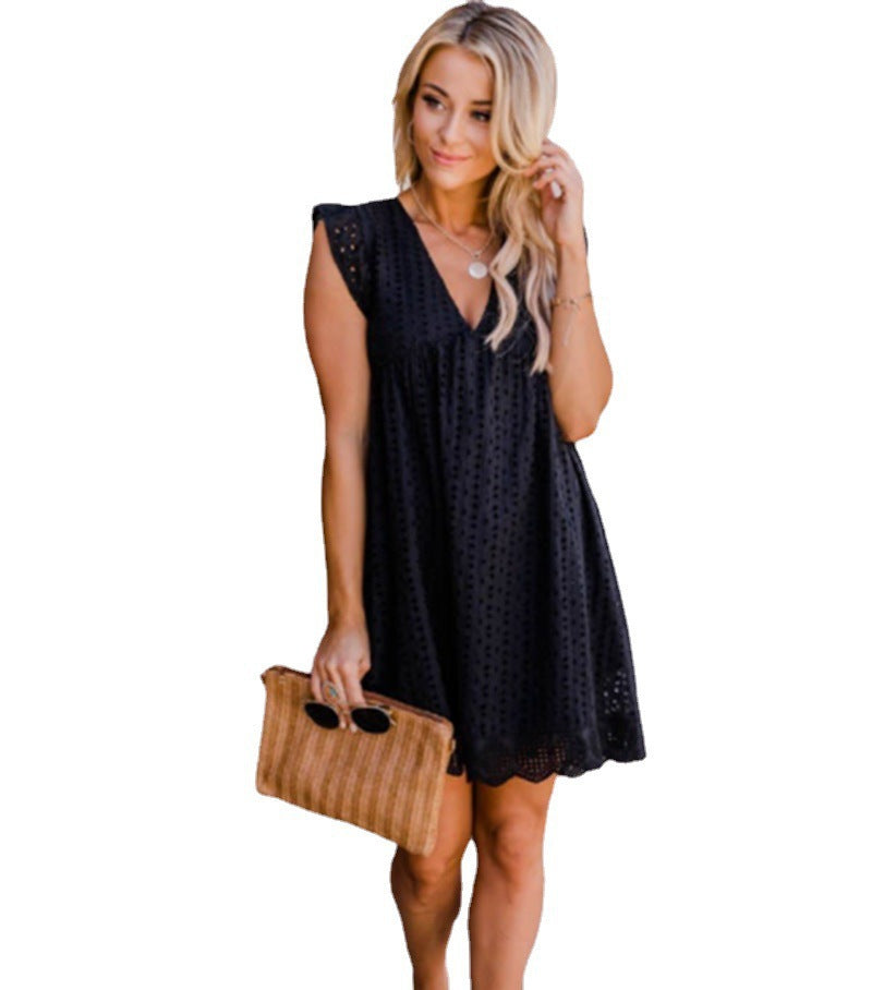 Womens Lace V-Neck A-Line Dress
