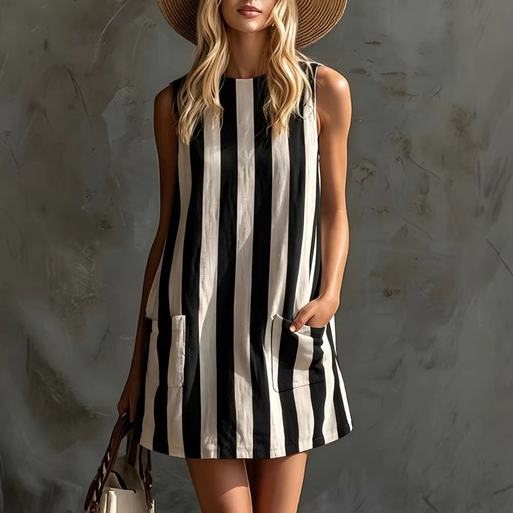 Retro Striped Sleeveless Round Neck Cotton and Linen  Dress