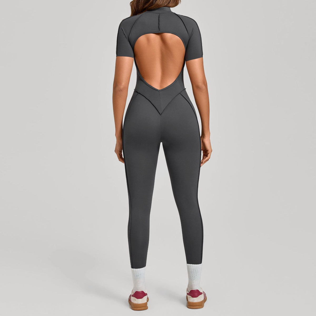 Stand-Up Collar Half-Zip Short-Sleeve Jumpsuit