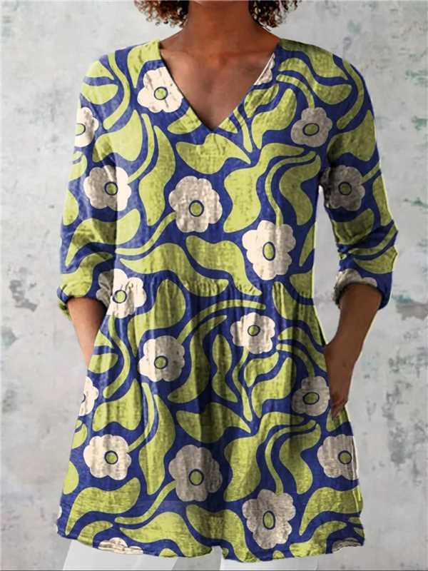 Womens 3D Printed Loose V-Neck Short Sleeve Dress
