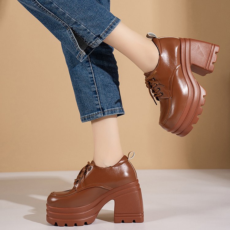 Women's British Style Round Toe Lace-Up Low Top Leather Flat Loafers