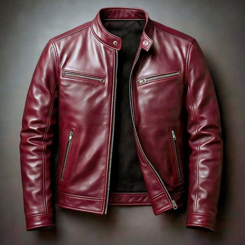 Mens PU Leather Jacket Stand Collar Slim Fit Coat