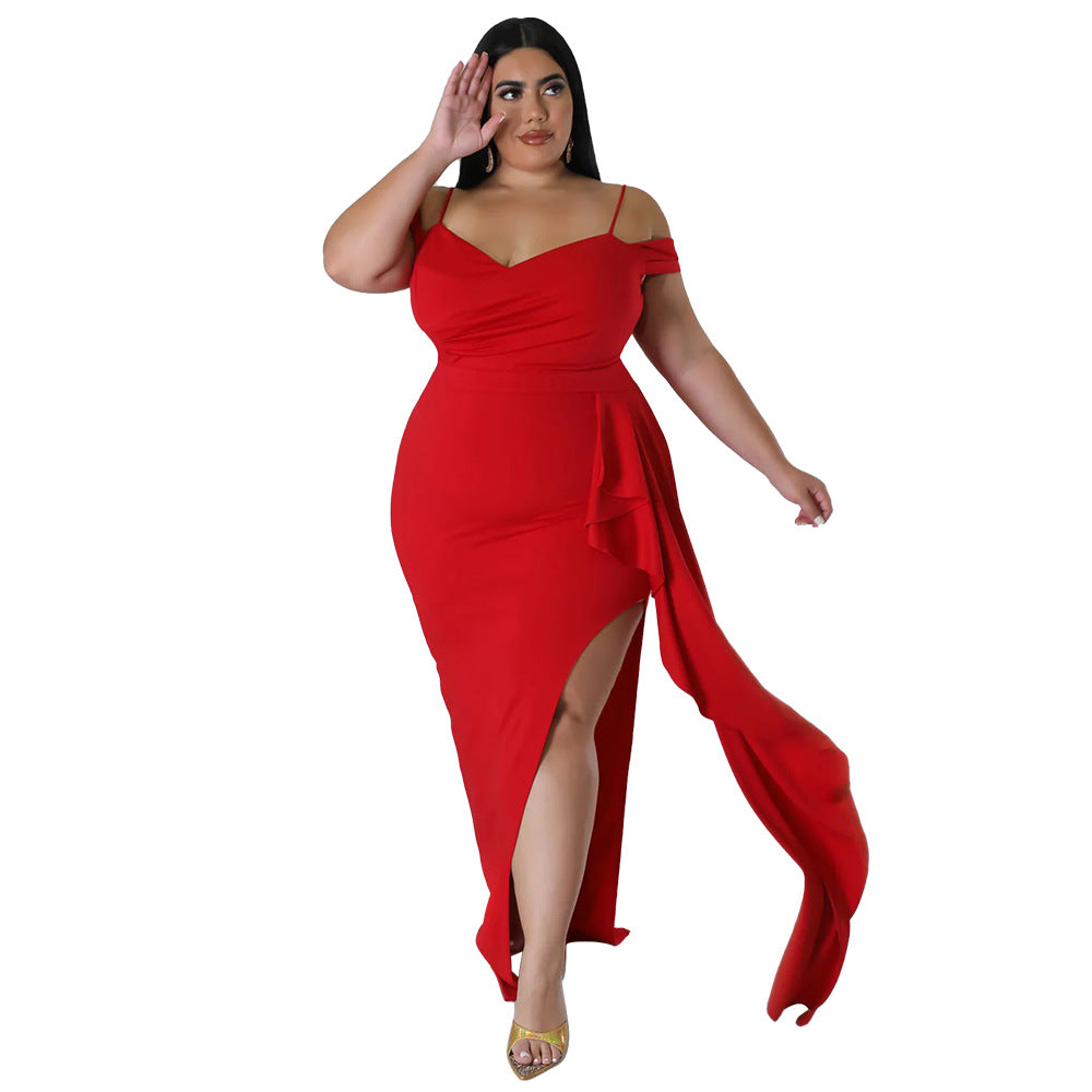 Ruffled Sling Dress with High Slit