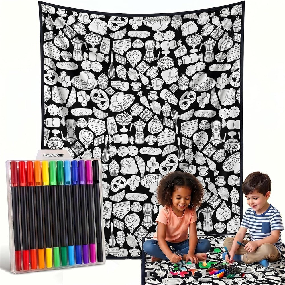 Black and white line-drawn graffiti rug