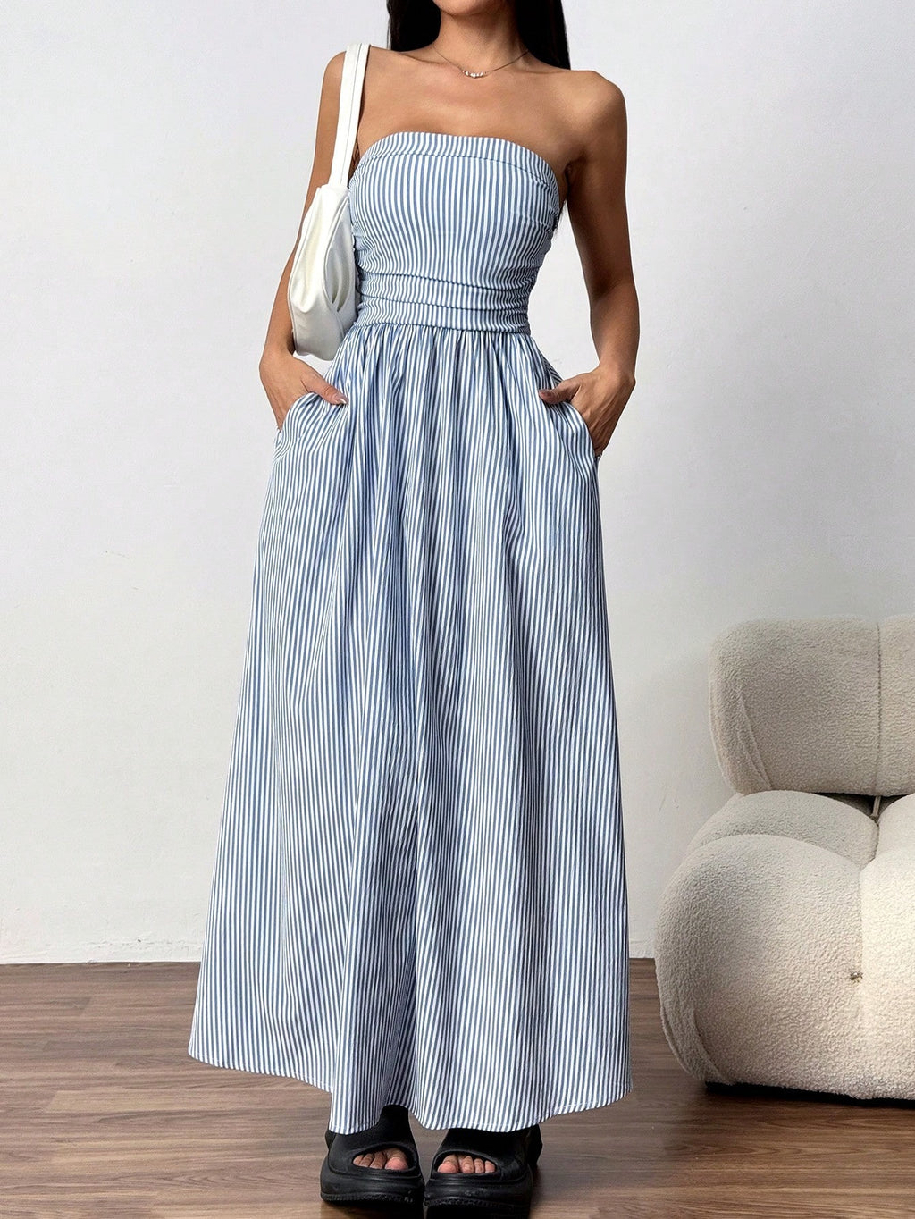 Tube Top Flap Pocket A-Line Dress