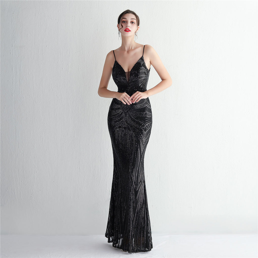 Elegant Sequined Evening Dress with Deep V-Neck