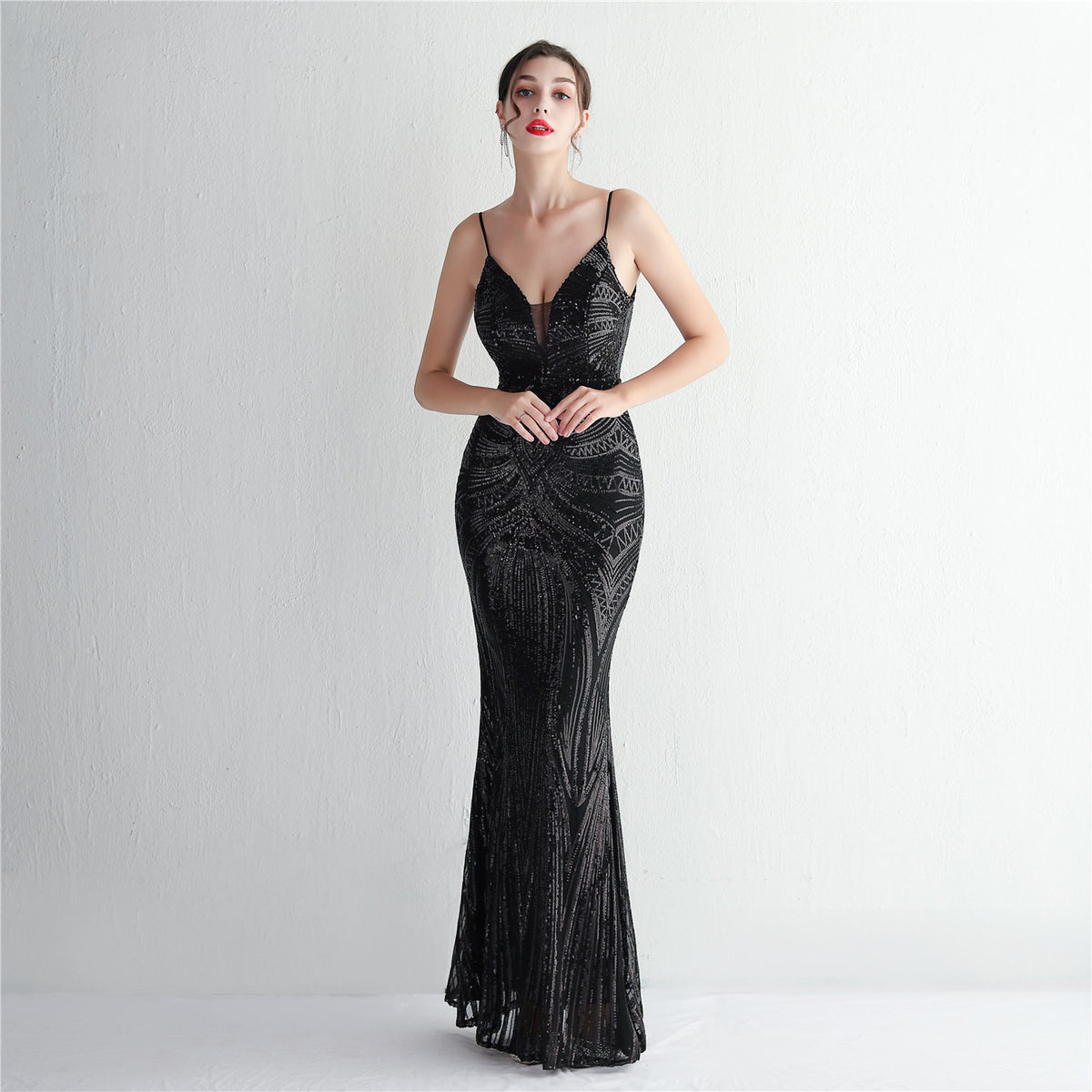 Elegant Sequined Evening Dress with Deep V-Neck