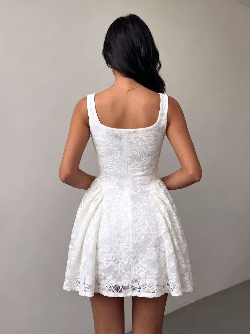 Women Square Neck Lace Dress with Wide Waistband Floral Puff Short Skirt
