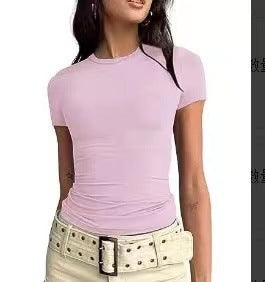Women Slim Fit Cotton T-Shirt Crew Neck Long Sleeve Solid Color Top
