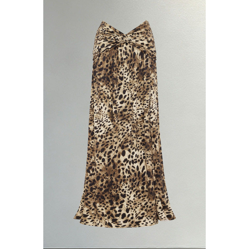 Women High Waist Cross Front Vintage Leopard Print Long Skirt