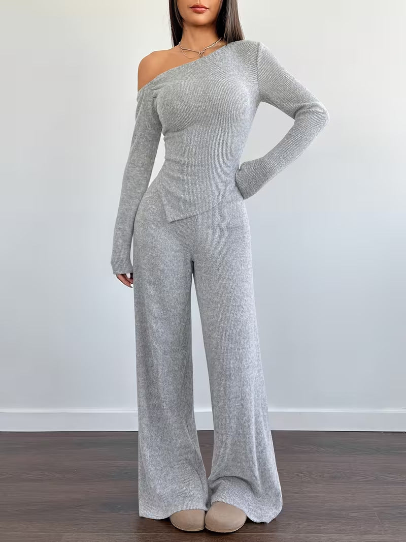 Women One Shoulder Knitted Top and Pants