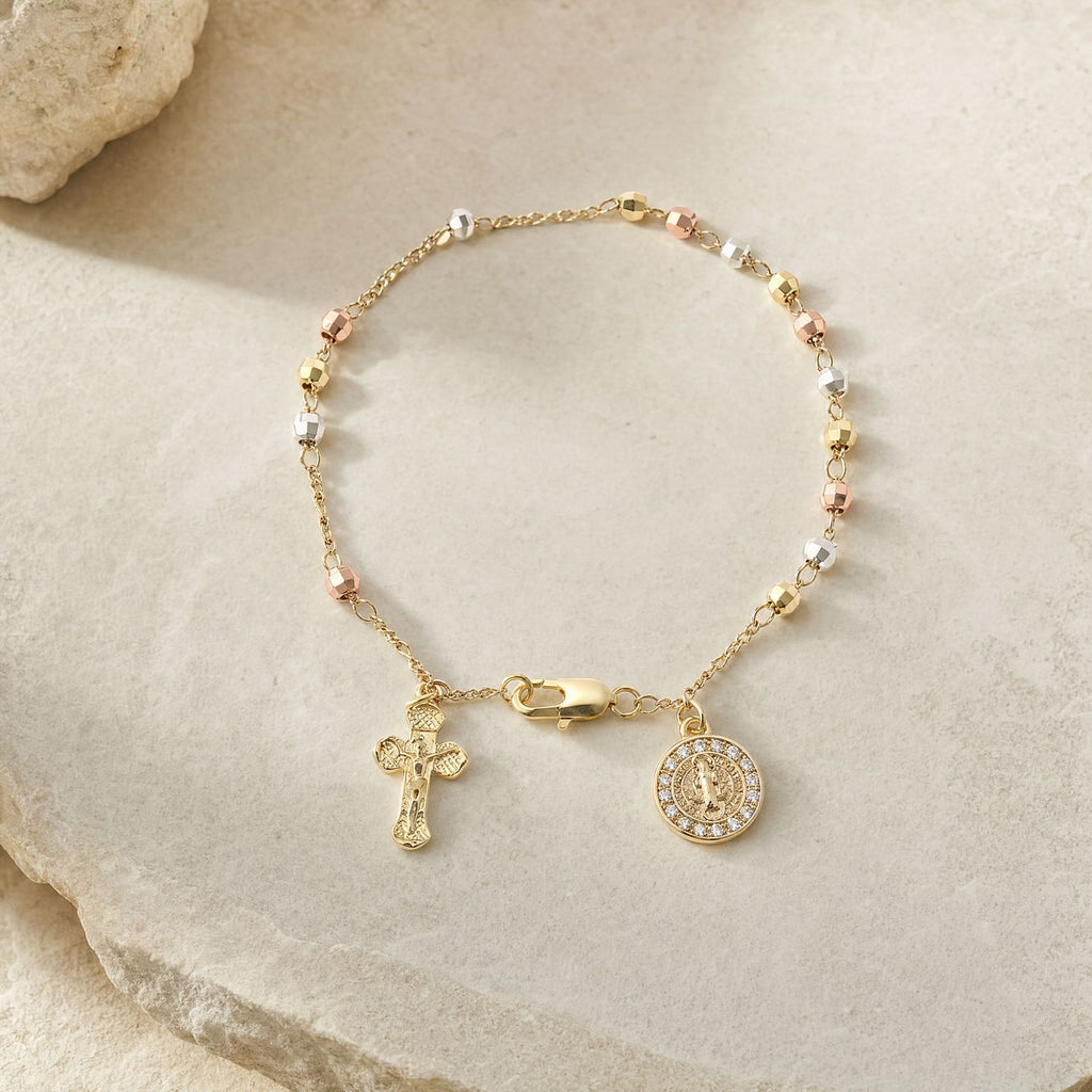 Cross-shaped diamond-studded bead necklace bracelet