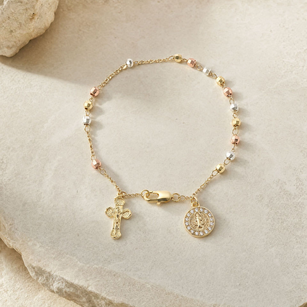 Cross-shaped diamond-studded bead necklace bracelet