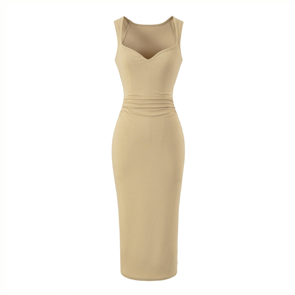 V-neck pleated dress with wide straps