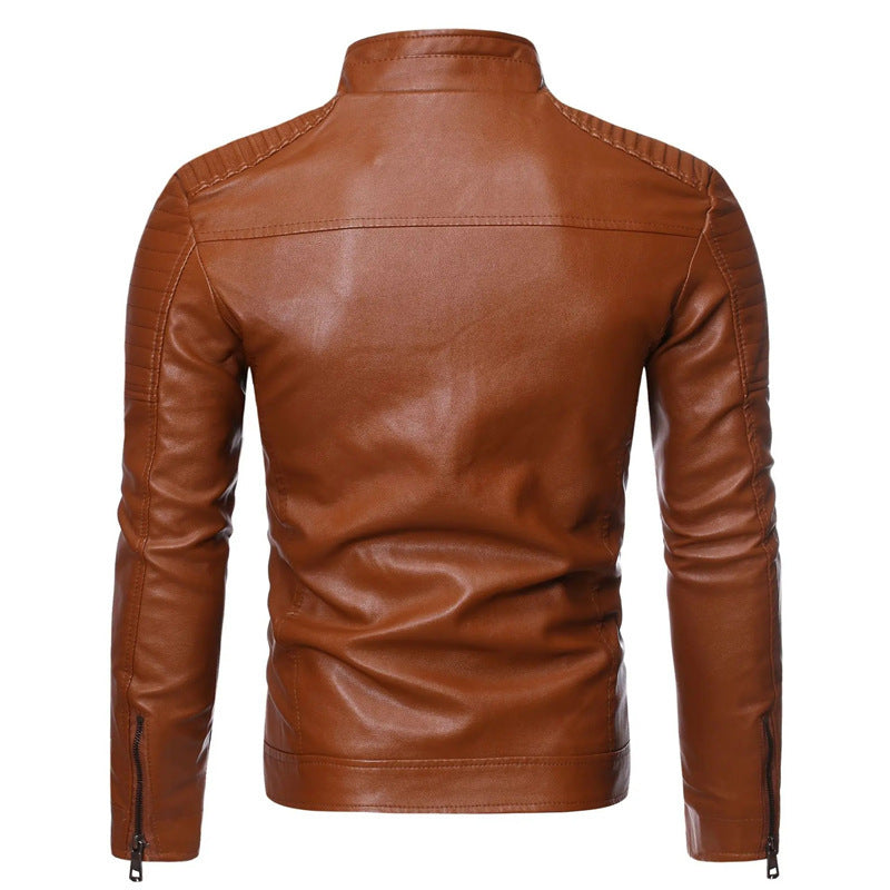 Mens Slim Fit Stand Collar PU Leather Jacket Casual Coat
