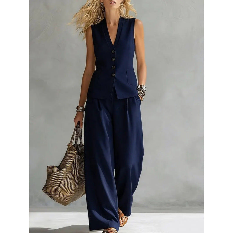 Women Solid Color Sleeveless Linen Vest and Pants Set
