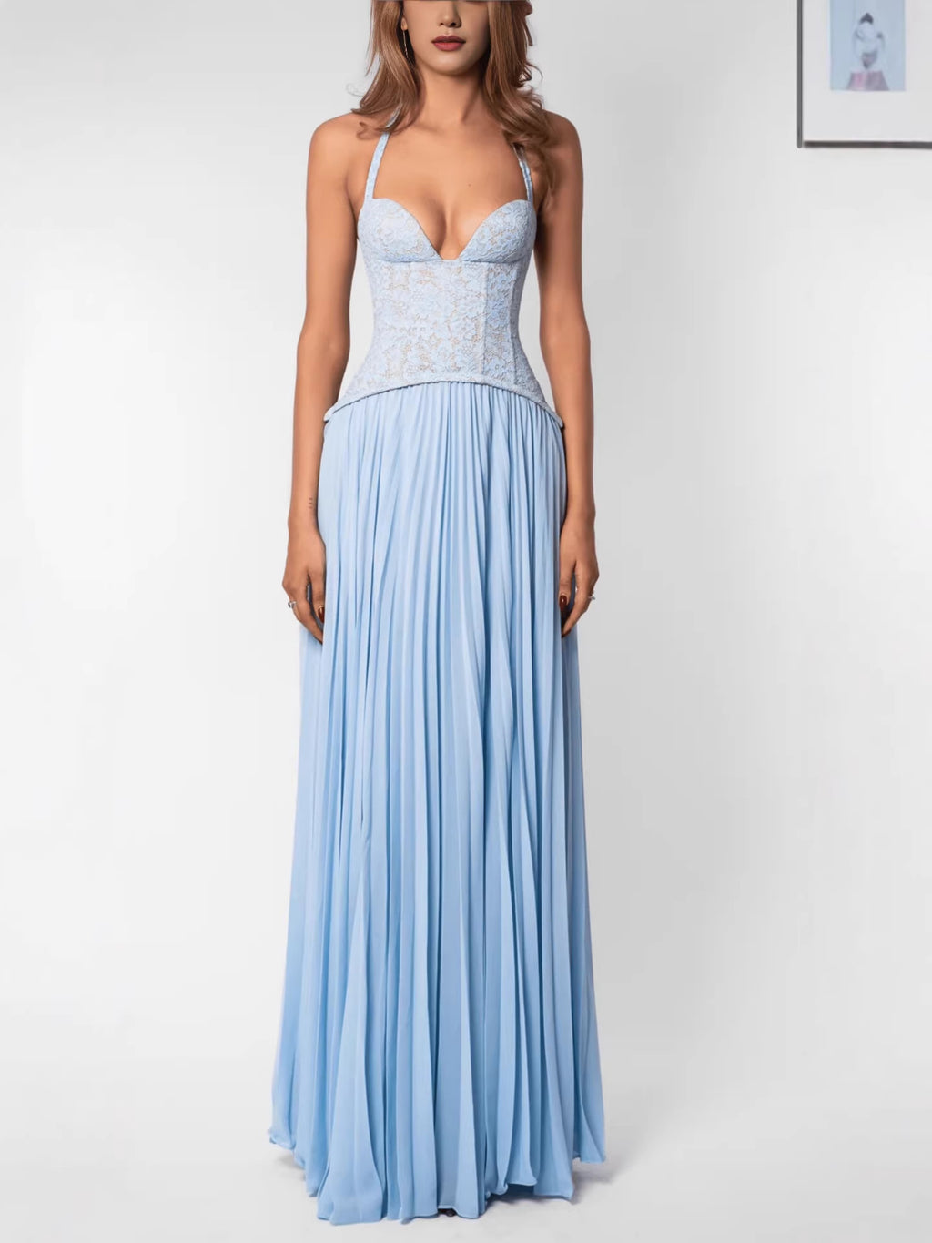 Womens Halter Backless Low Neck Waist Cinching Ruched Pleated Dress