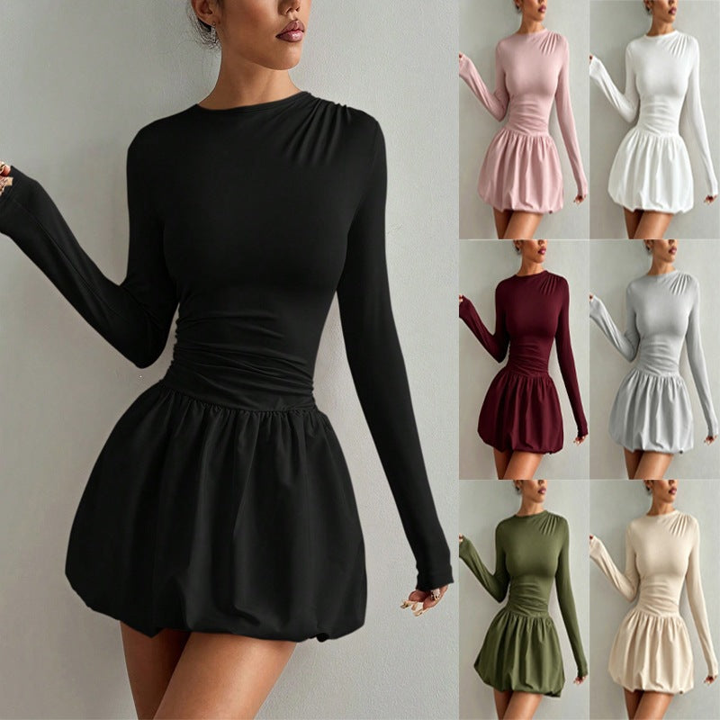 Womens Slim-Fit Long Sleeve Dress with Elastic Puff Skirt