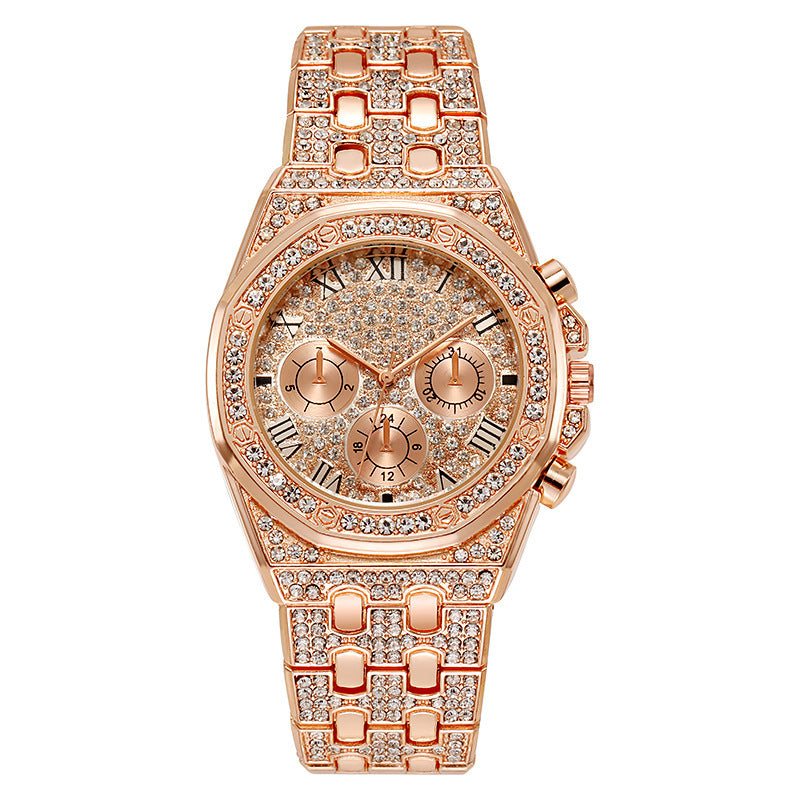Men's Fashion Quartz Watch with Rhinestone Dial and Steel Band