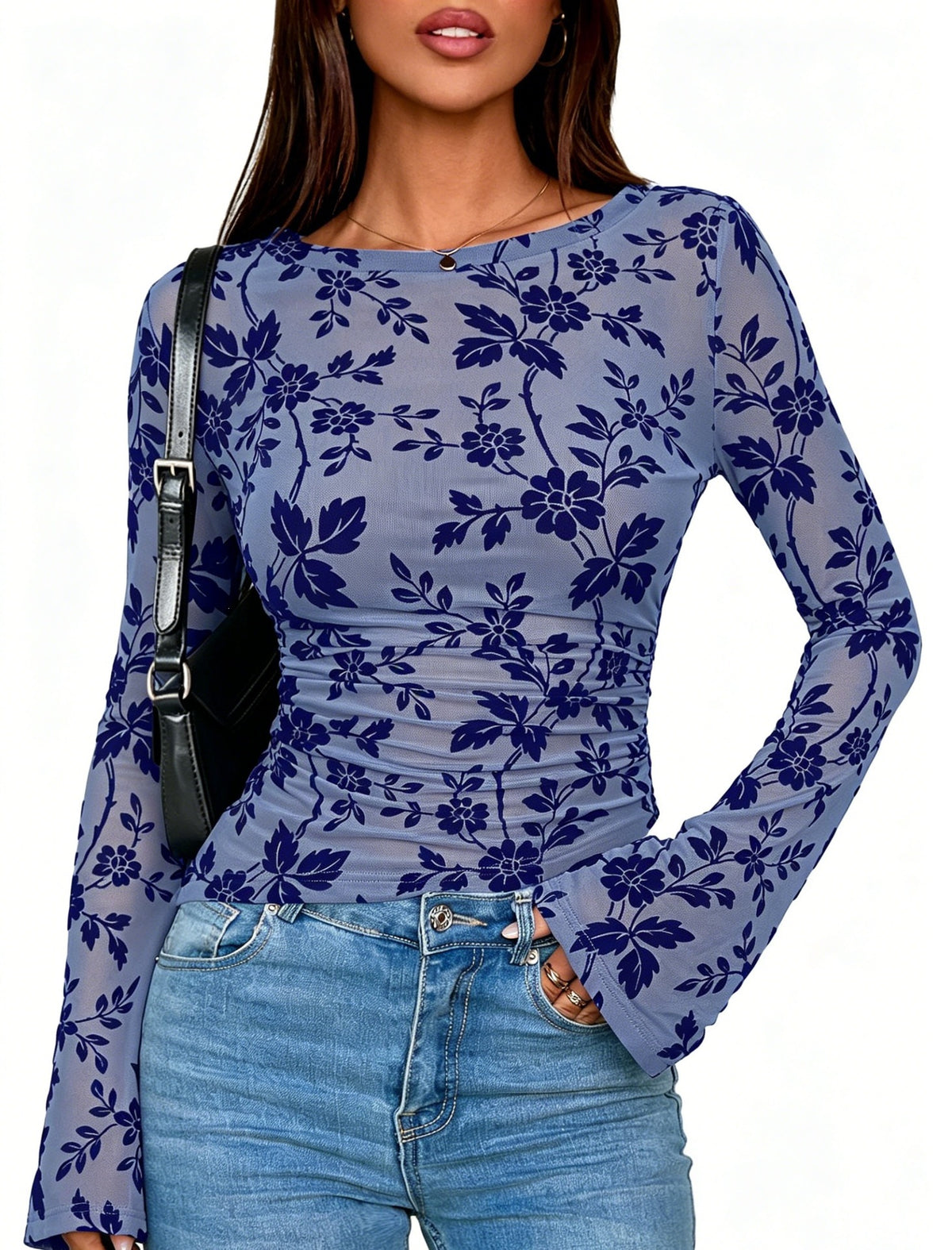 Women's Floral Flocked Mesh Slim Fit Long Sleeve T-Shirt