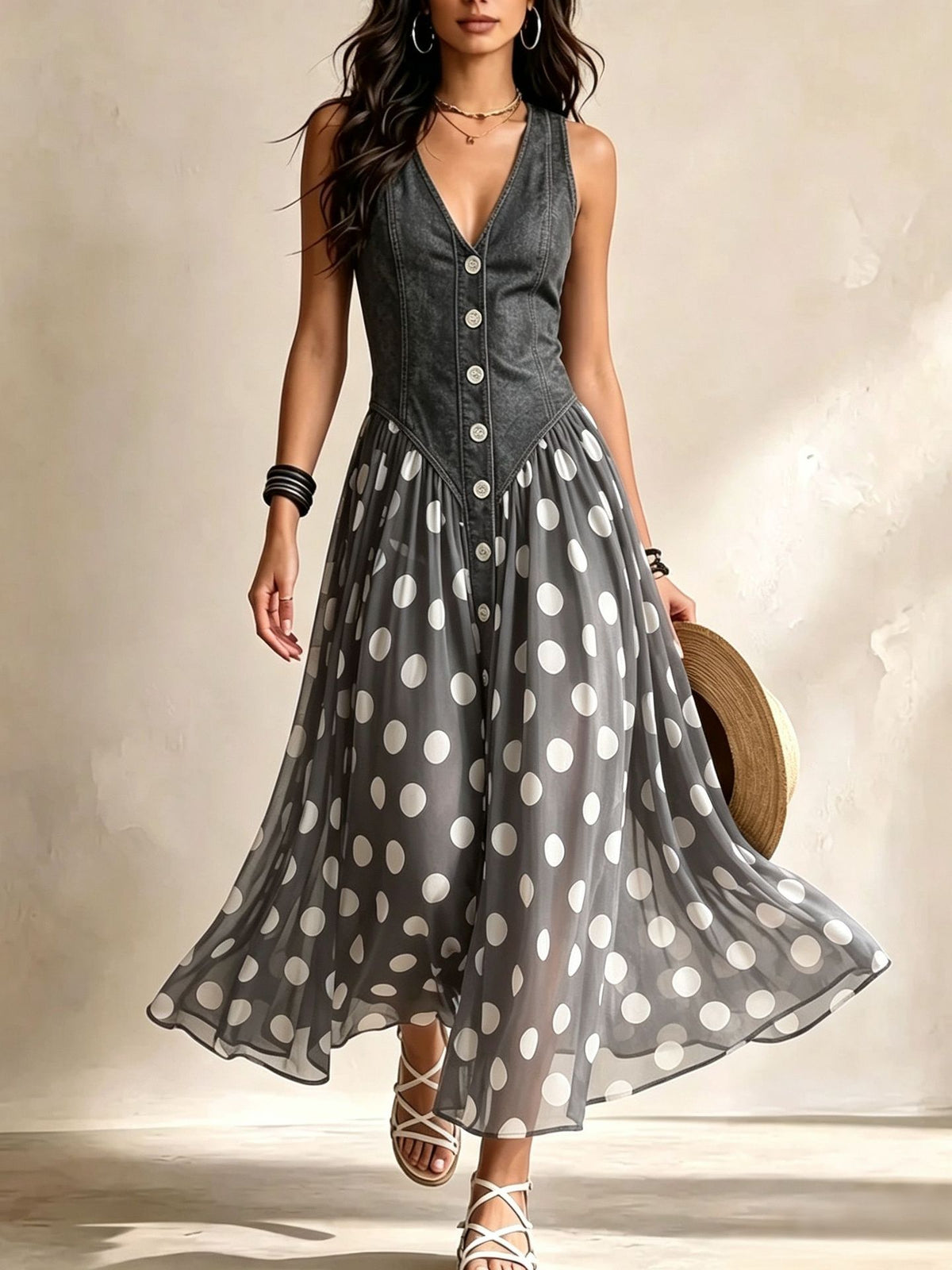 Fashion Casual Printed Faux Denim Top Polka Dot Skirt