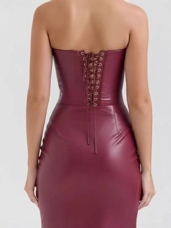 Leather Strapless Bodycon Long Dress