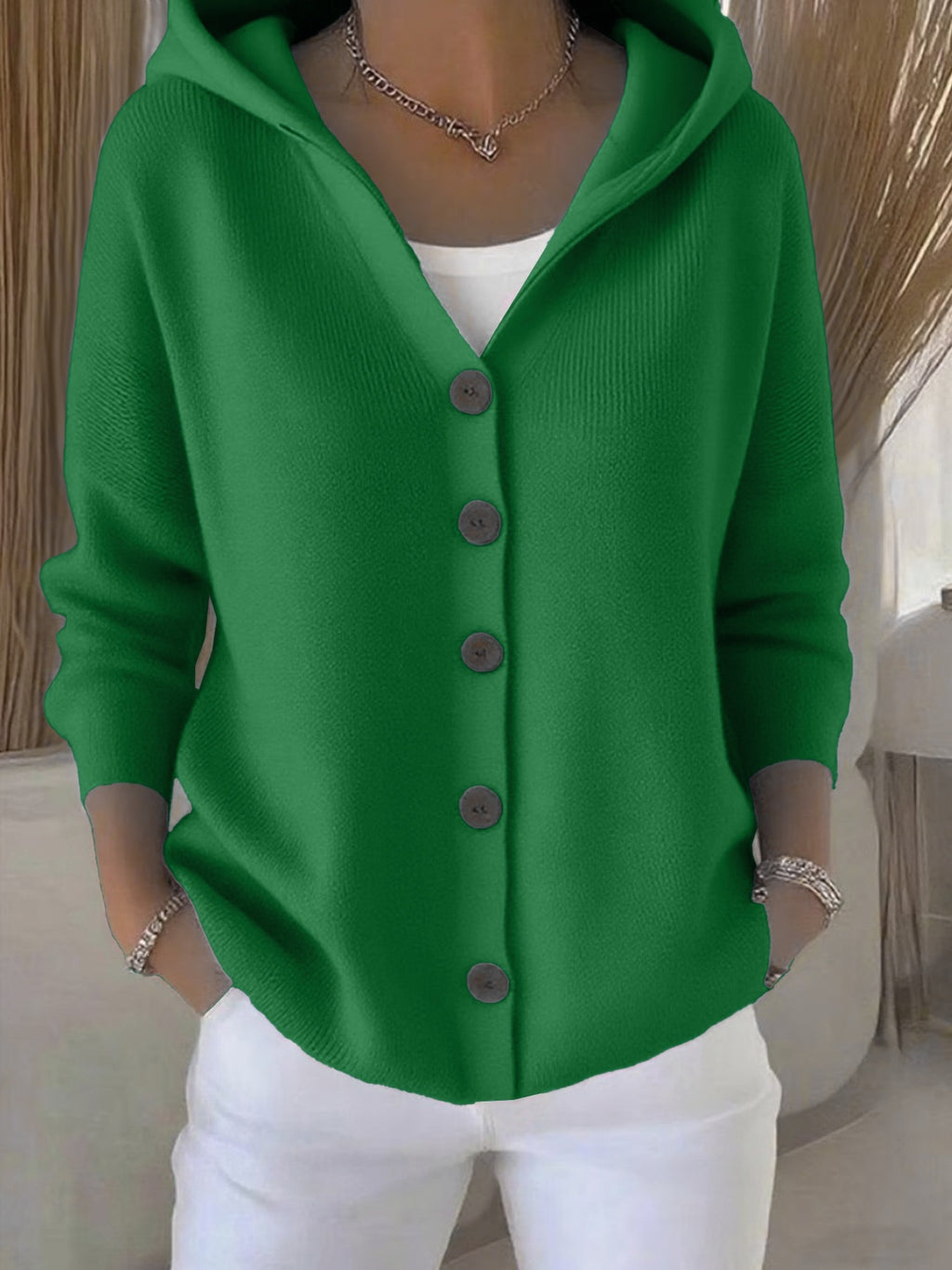 Women's Hooded Knitted Cardigan Solid Color Casual Fashion Sweater Jacket