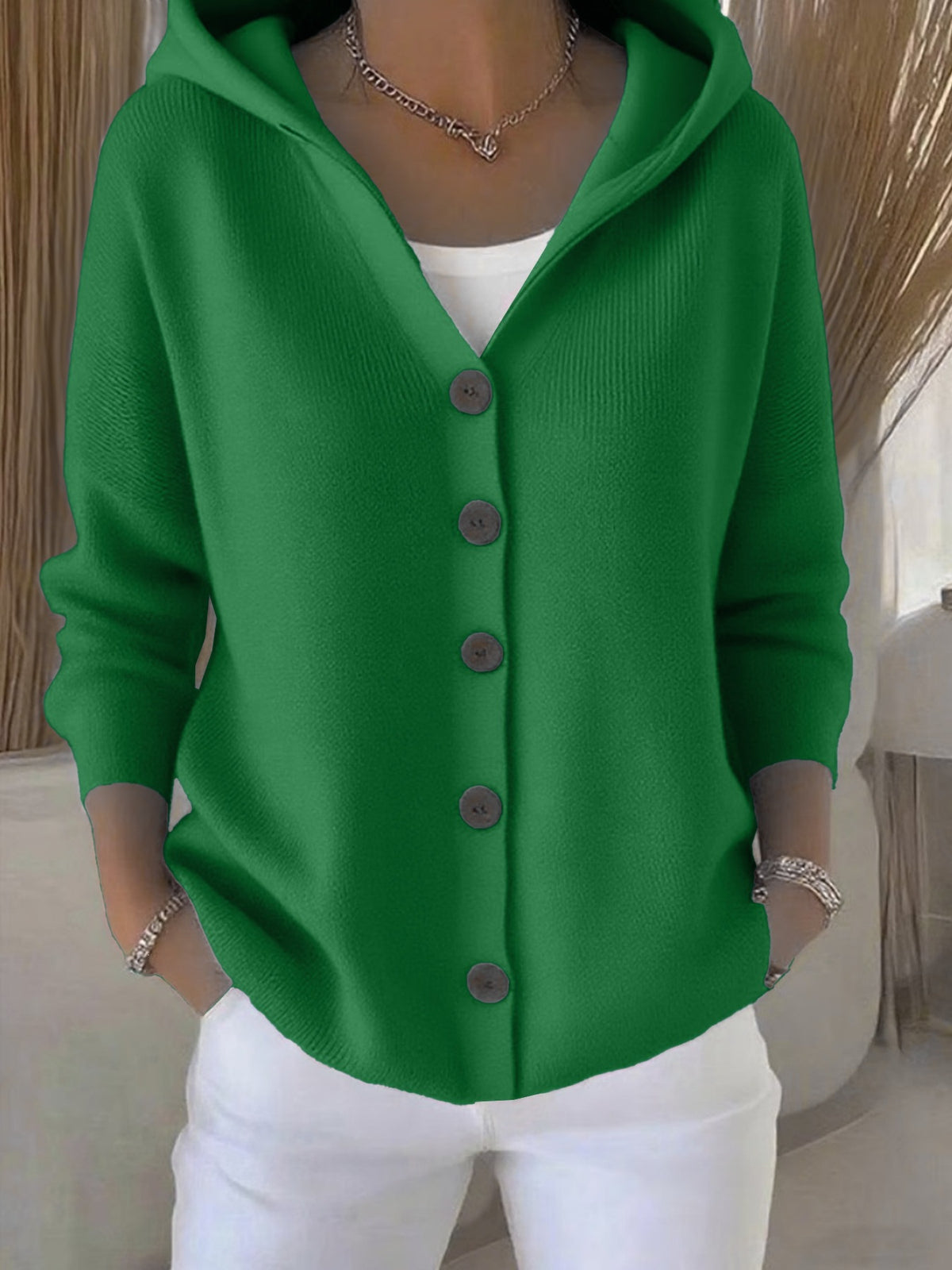 Women's Hooded Knitted Cardigan Solid Color Casual Fashion Sweater Jacket