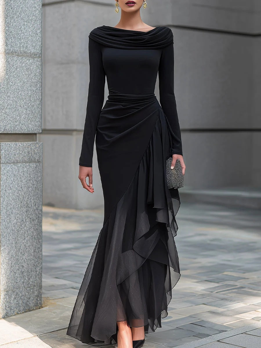 Heap Collar Long-Sleeved Dress Long Dress Tight Waist Pleated Mesh Ruffled Fishtail Elegant Dress