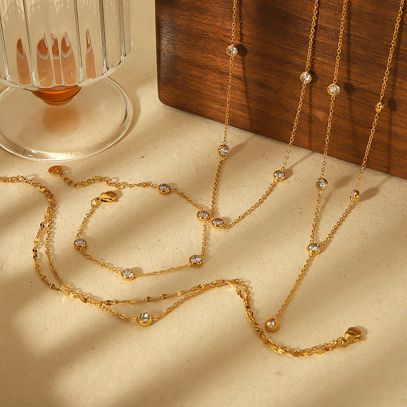 18K gold plated stainless steel diamond-set geometric necklace and bracelet set
