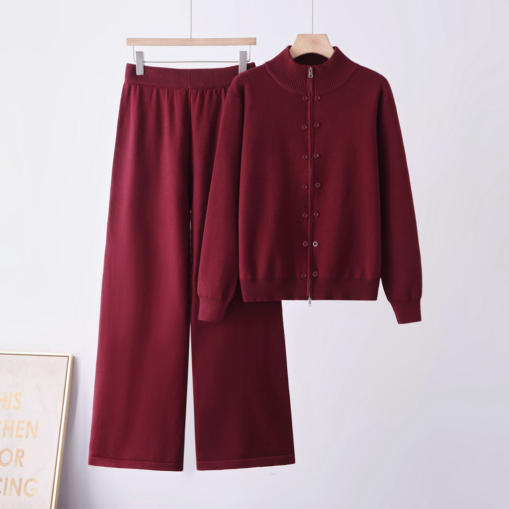 Women Thickened Half-High Neck Knit Suit Long Sleeve Zipper Button Solid Color Casual Two-Piece Set
