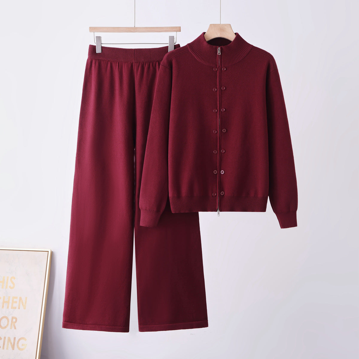 Women Thickened Half-High Neck Knit Suit Long Sleeve Zipper Button Solid Color Casual Two-Piece Set
