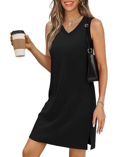 V-neck sleeveless halter-style solid-color blouse dress