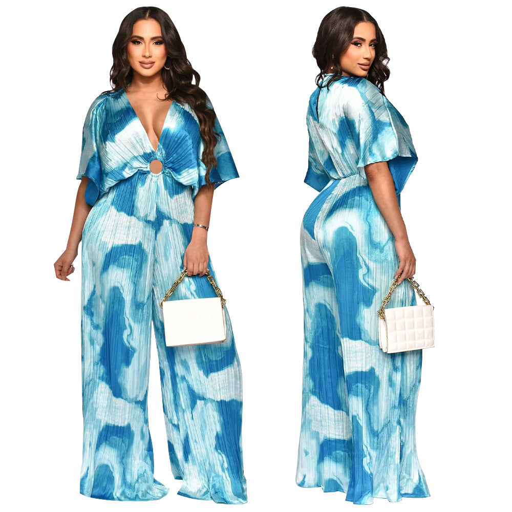 V-Neck Pleated Printed Casual Jumpsuit