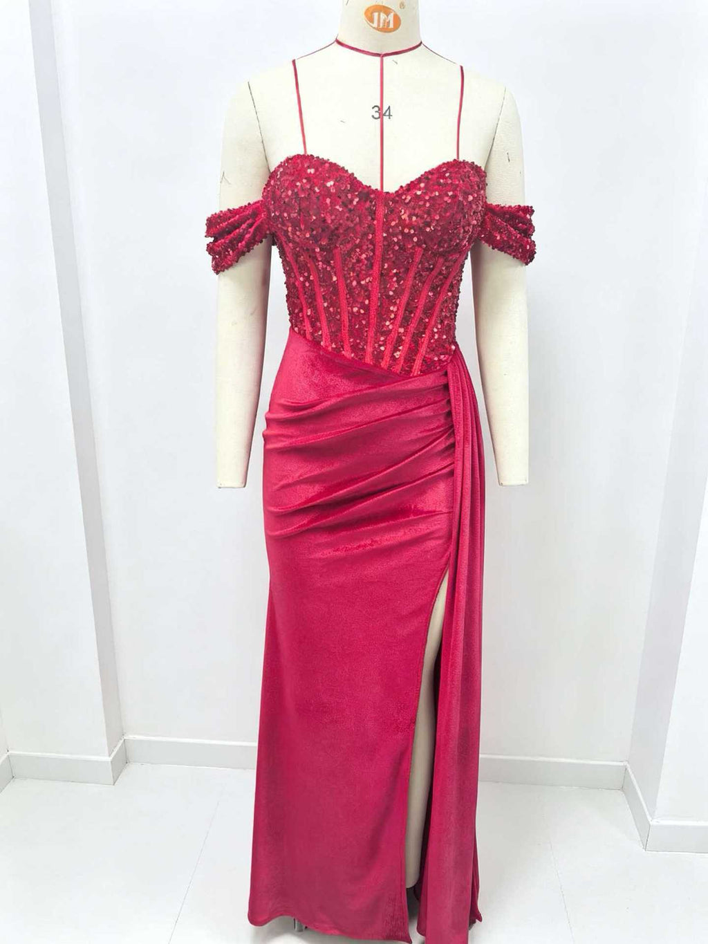 Off Shoulder Sequin Pleated Satin Evening Dress With Slit
