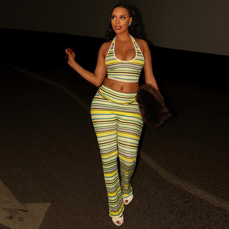 Women's Color-Block Striped Printed Pants Set with Halter Neck Top