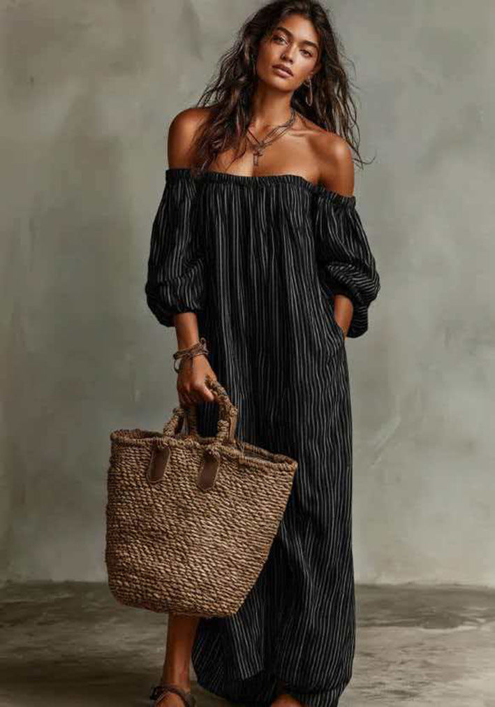 Elegant Casual Loose One-Line Neckline Striped Dress