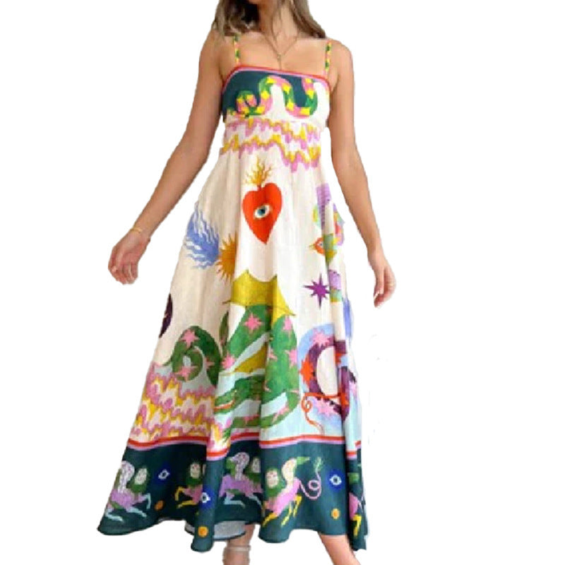 2026 Summer New Style Cross-Border European and American Resort-Style Dress, Elegant Long Printed Strap Dress