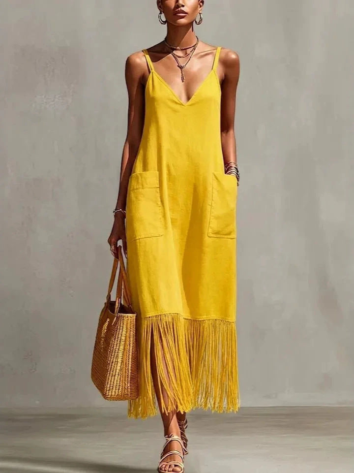 V-Neck Sleeveless Tassel Dress