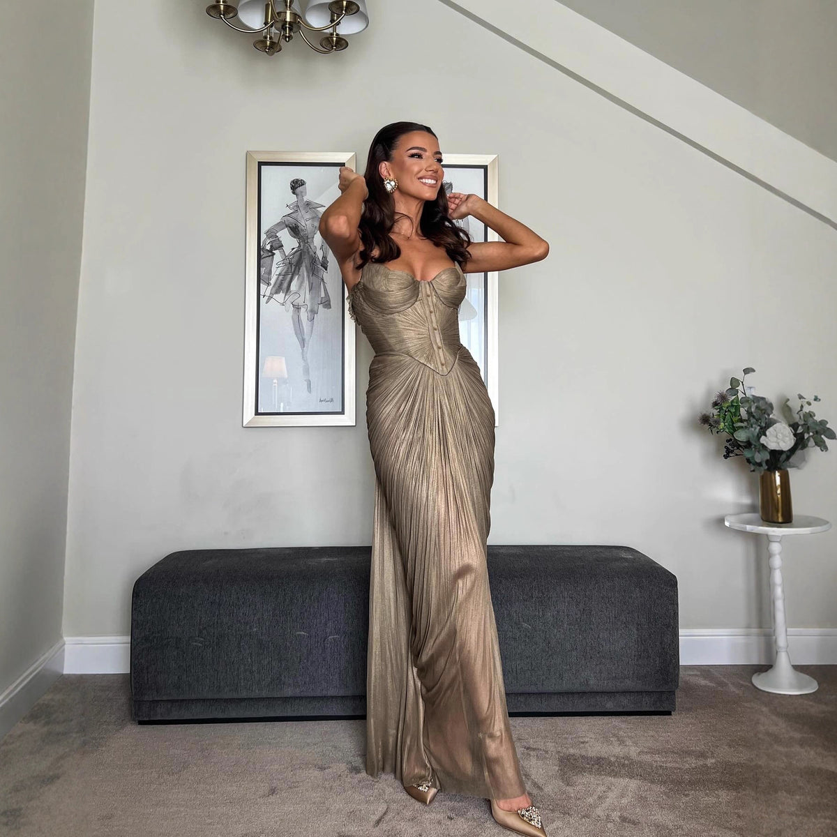 Pleated Gold Lace Up Dress