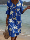 Women's V-Neck Printed Ruffle Mid-Sleeve Summer Dress